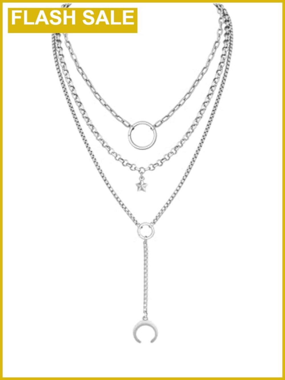 Layered Crescent Moon Star Choker Necklace Titanium Steel Gothic Punk Emo